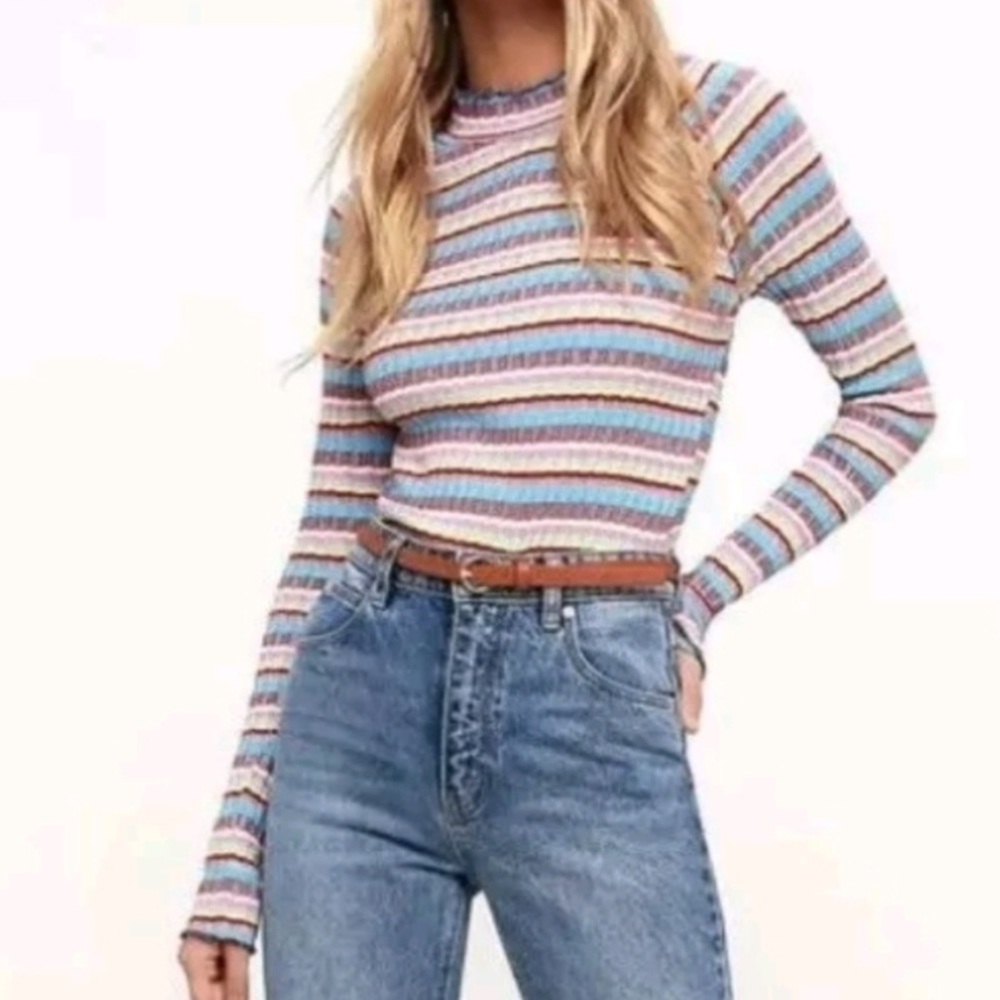 FREE PEOPLE Mirror Striped Mock Neck Long Sleeve Top in Blue Multi Sz M Retro